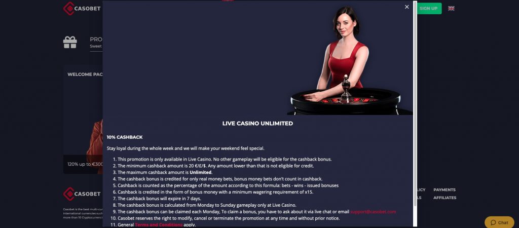 Casobet Casino - Live Casino Unlimited 10% Cashback