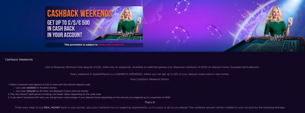 Spades Planet Casino - Cashback Weekends up to £500!