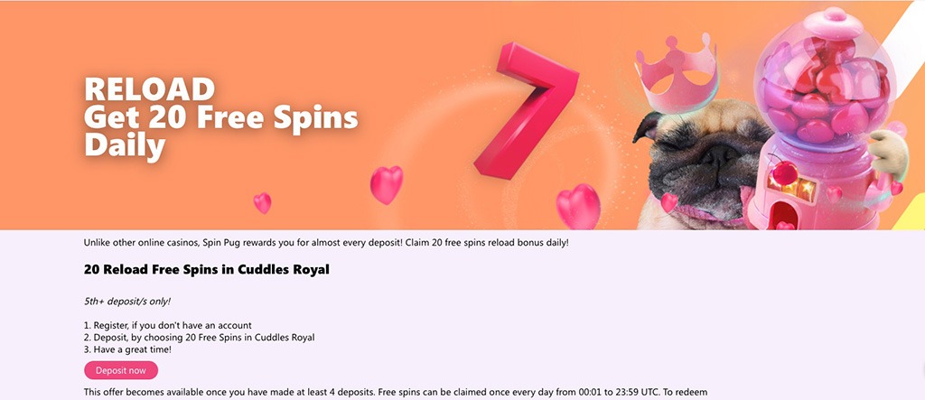 Spin Pug Casino - Reload Get 20 Free Spins Daily