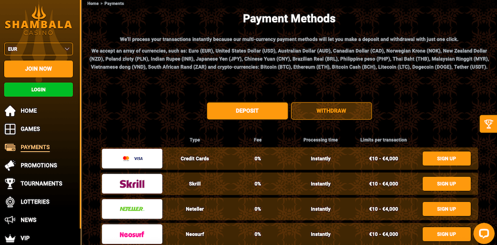 Shambala-Casino-Payment-Methods