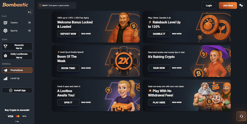 Overview of various casino promotions, including Welcome Bonus, Rakeback Level Up, Boom of the Week, and It's Raining Crypto