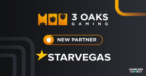 Promotional graphic announcing the new partnership between 3 Oaks Gaming and Italian operator StarVegas, featuring both company logos.
