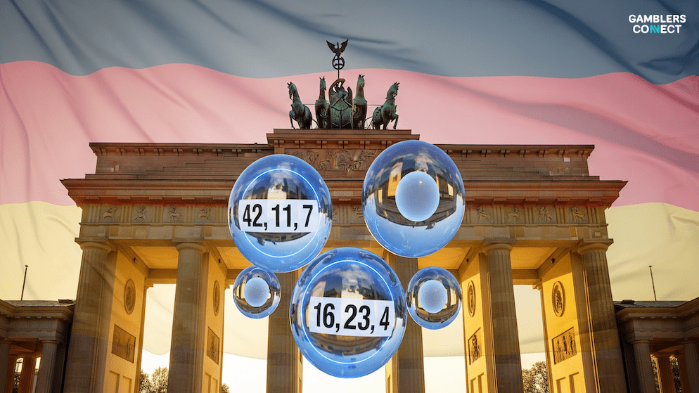 A depiction of the Brandenburg Gate and the German flag, alongside stylized lottery balls, symbolizing the integration of Greentube's gaming portfolio onto Zeal's German lottery platforms, Lotto24 and Tipp24.