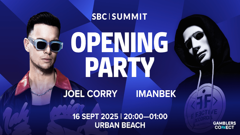 The event poster for the SBC Summit Opening Party in Lisbon, announcing headline performances by Grammy-winning producer Imanbek and UK artist Joel Corry.