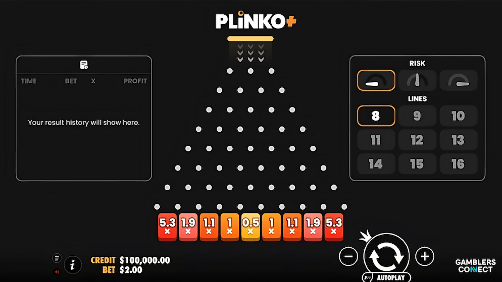 A screenshot of the Plinko+ game from Pragmatic Play, showing the pyramid-style grid, the prize buckets with multipliers at the bottom, and the user controls for risk and lines.