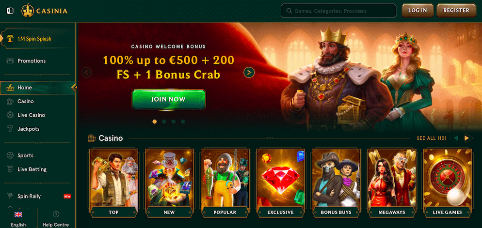 Casinia Casino Home Page with bonuses and casino games