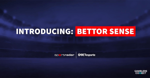 Promotional graphic for the launch of Bettor Sense, showing the logos of Sportradar and its first partner, Betesporte, against a stadium background.