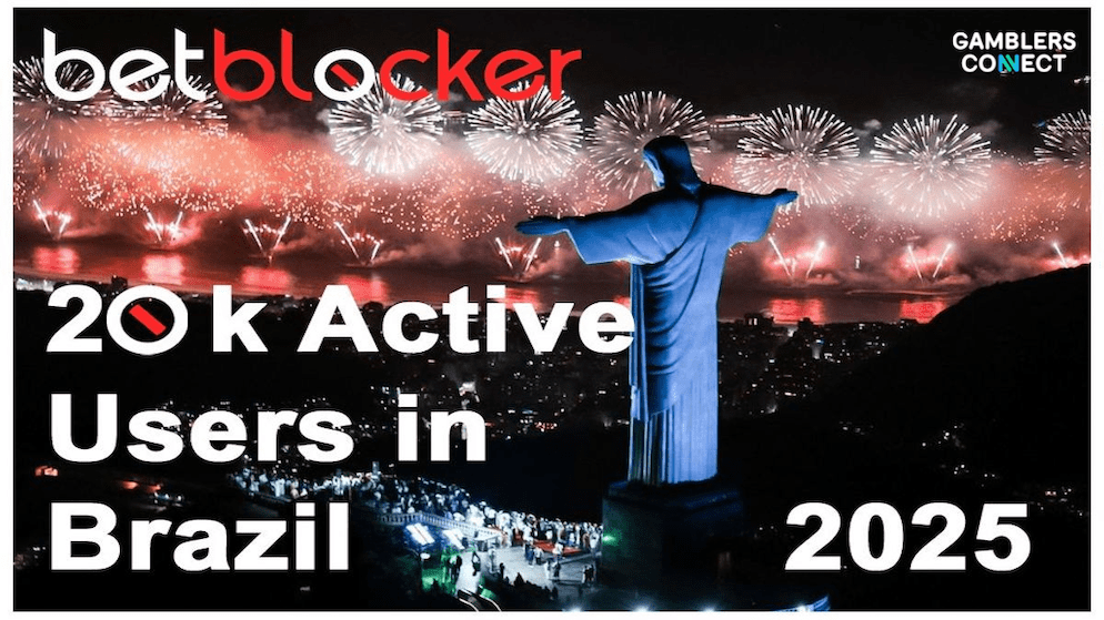 A graphic celebrating BetBlocker's growth to over 20,000 users in Brazil, set against the backdrop of Rio de Janeiro's Christ the Redeemer statue.