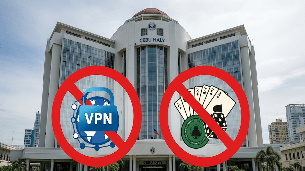 An image of the Cebu City Hall with red 'No' symbols placed over icons for VPNs and online gambling, illustrating the city's new ban for government employees.