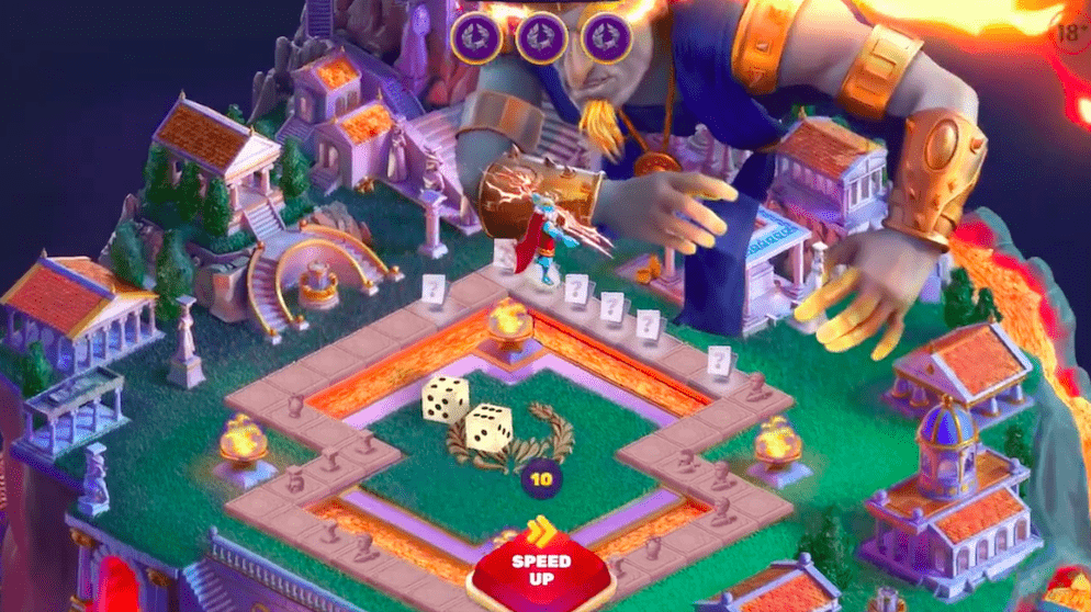 A view of the Crazy Zeus Run gameplay, highlighting the 'Place Bet' button and the strategic 'spend-to-roll' mechanic that defines this unique Megafair slot and board game hybrid.