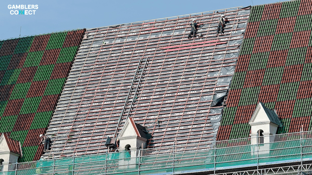 A large-scale construction project on a building, symbolizing the major investment Crown Perth is making to modernize its property and create new amenities.