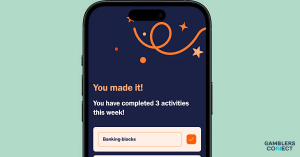 A screenshot of the new GambleAware Support Tool app on a smartphone, showing its goal completion and activity tracking features designed to reduce gambling harm.