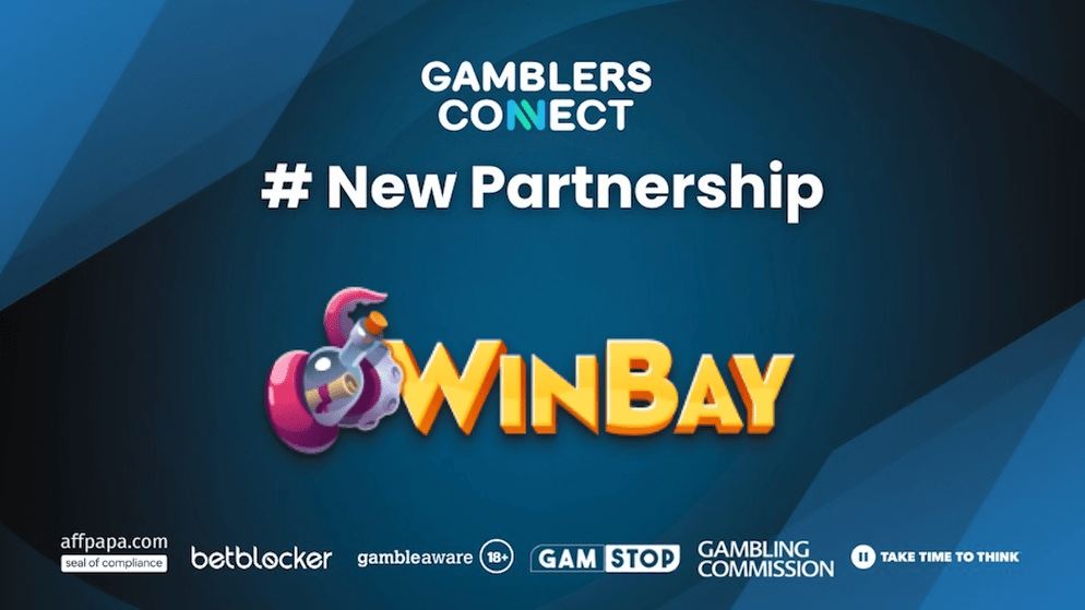 A graphic celebrating the new partnership between Gamblers Connect and Winbay Casino, highlighting a shared commitment to player experience and innovation