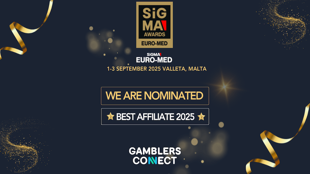 The official nomination banner for Gamblers Connect at the SiGMA Europe 2025 awards, shortlisted for the Best Affiliate category.