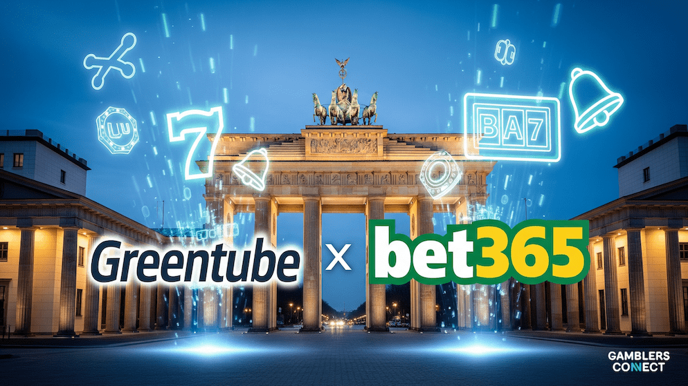The logos of Greentube and bet365 side-by-side with neon slot machine symbols, illustrating their content integration for German players.