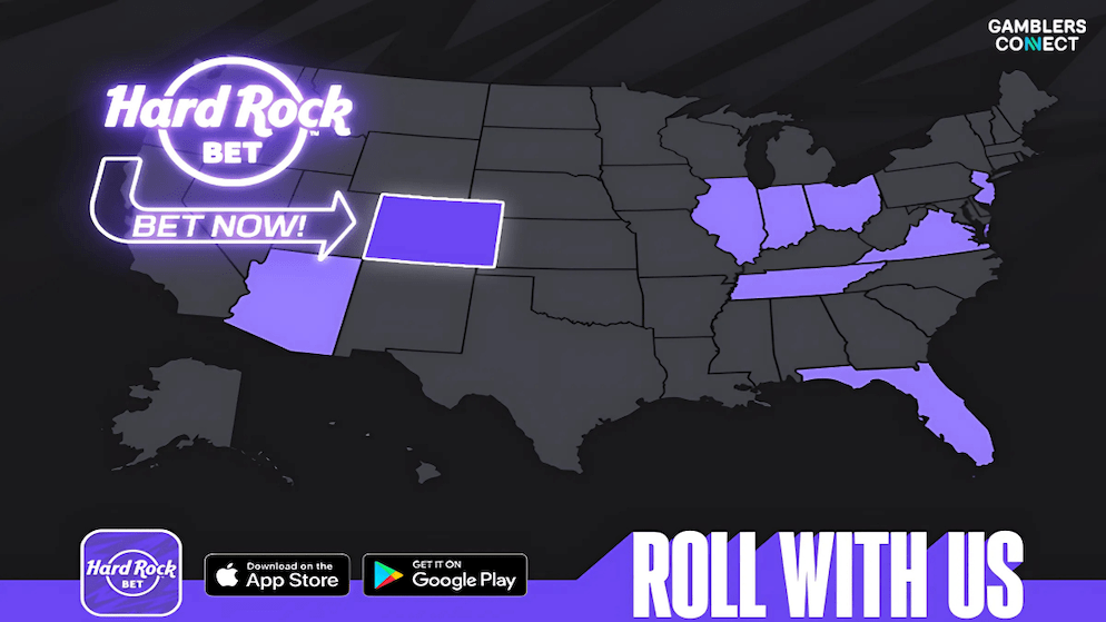 A Hard Rock Bet promotional image showing a map of the USA with nine states highlighted, including Colorado, where the sportsbook is now available, along with download options for iOS and Android.