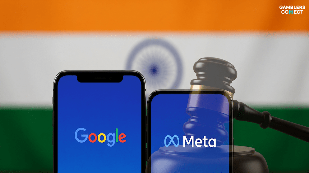 An image illustrating the Indian government's investigation into Google and Meta, showing their logos on phones with a legal gavel and the Indian flag.