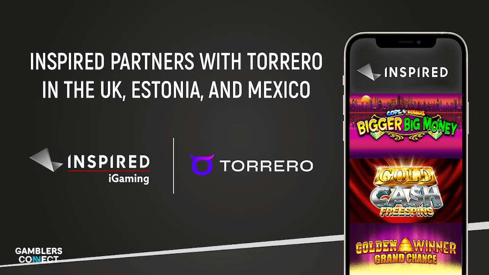 A graphic announcing the partnership between Inspired iGaming and Torrero, with a smartphone displaying key game titles like Gold Cash Free Spins.