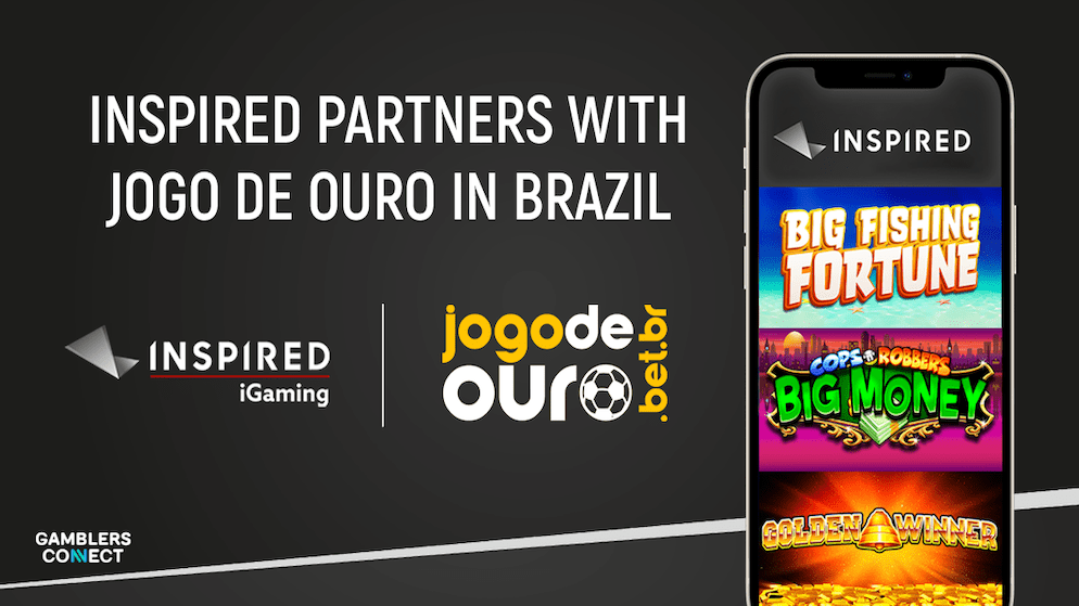 A smartphone screen displaying popular Inspired Entertainment slot games like 'Big Fishing Fortune' and 'Golden Winner', set against the logos of Inspired and Jogo de Ouro.