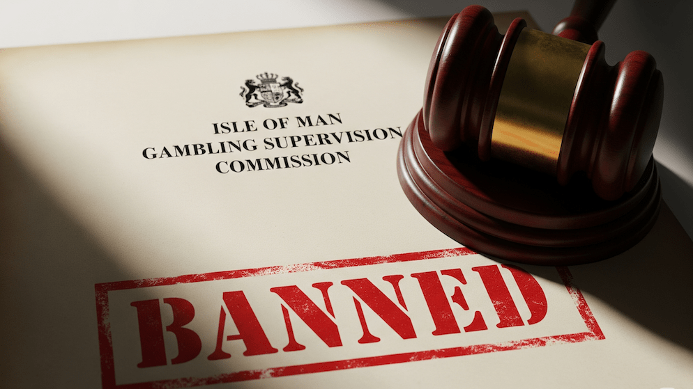 An image illustrating the Isle of Man GSC's ban, showing a gavel and a document stamped 'BANNED' to represent the regulatory action against Mr. Phua Cheng Wan.