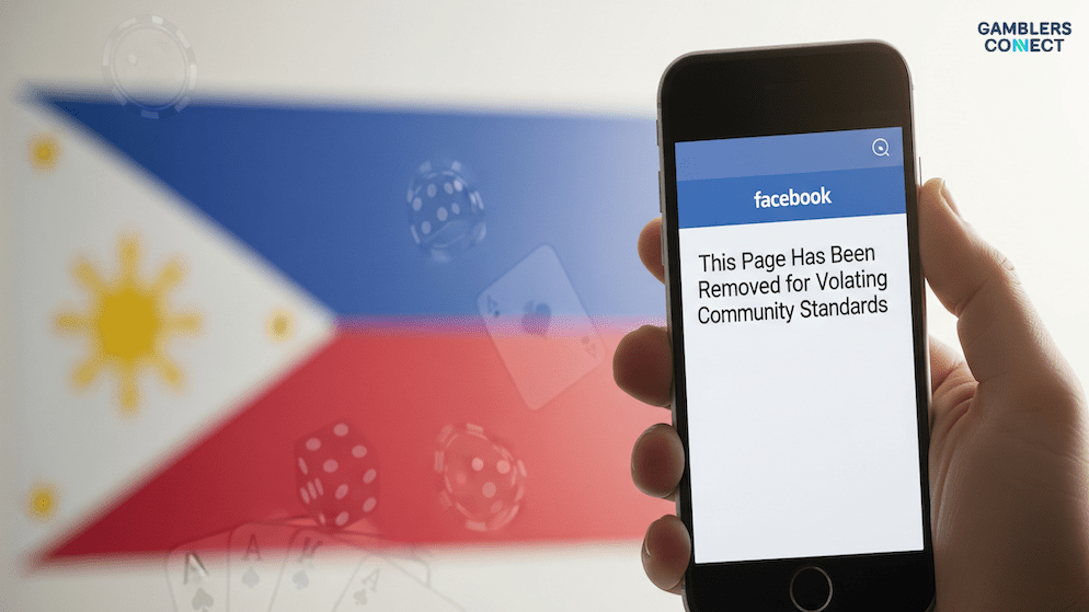 A smartphone displaying a Facebook notification that reads 'This Page Has Been Removed for Violating Community Standards', illustrating Meta's action against illegal gambling promoters in the Philippines.