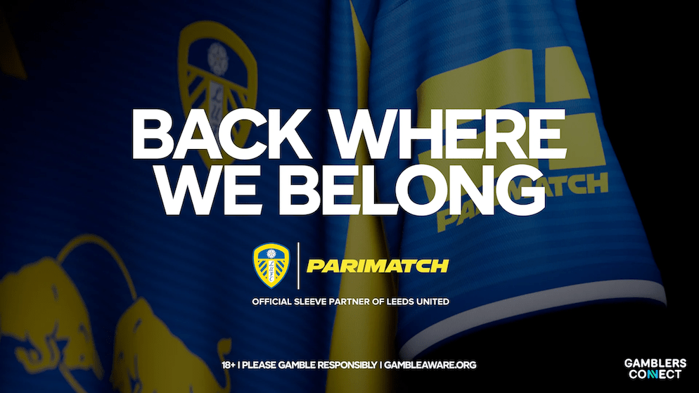 The Parimatch logo displayed on the perimeter LED advertising system at Elland Road stadium during a match.