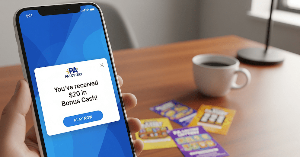 An in-article image showing a player receiving a Pennsylvania lottery bonus in the form of a '$20 in Bonus Cash!' notification on the PA iLottery app.