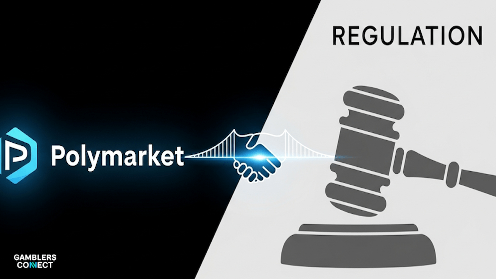 A symbolic image of the Polymarket DeFi platform and a legal gavel representing CFTC regulation, illustrating the company's move toward compliance in the United States.