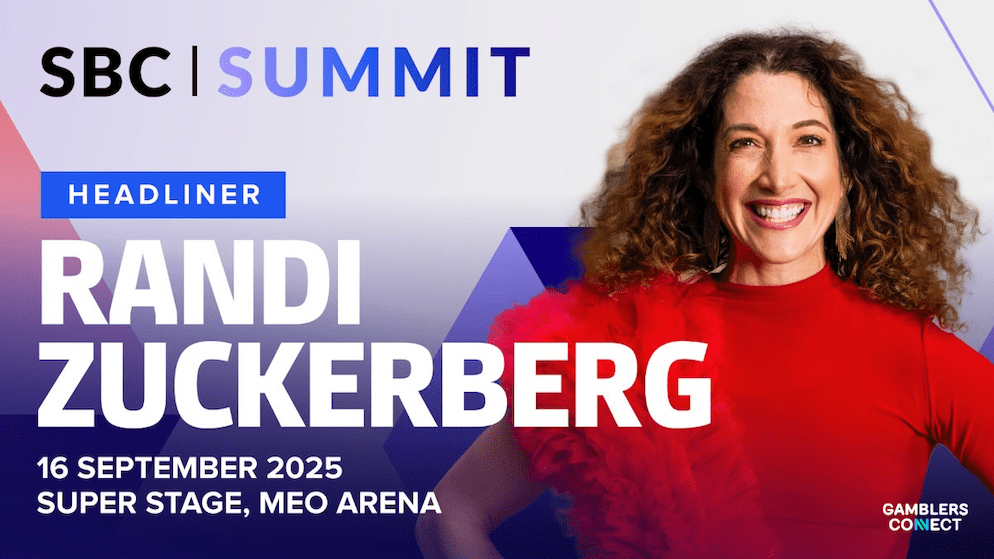 A banner showing Randi Zuckerberg, who will deliver multiple sessions on AI, Web3, and entrepreneurship at the SBC Summit.