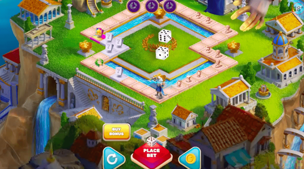 A gameplay screenshot of Crazy Zeus Run showing the 2D isometric gameboard and dice roll. This unique RNG board game from Megafair features animated characters and interactive board tiles.