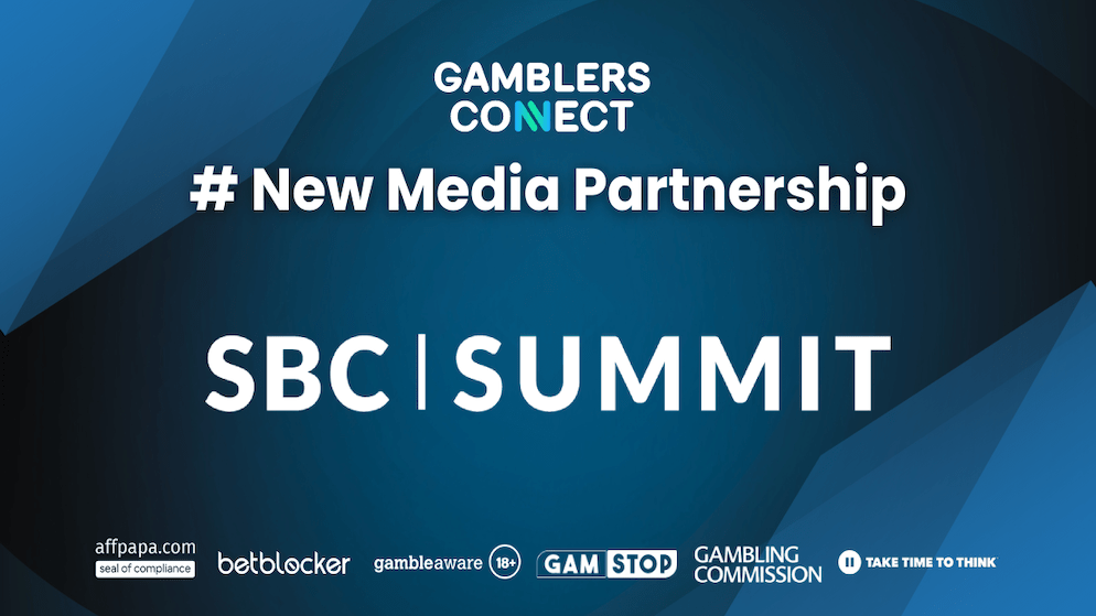A graphic celebrating the new media partnership between SBC Summit and Gamblers Connect, highlighting their collaboration for the 2025 Lisbon event.