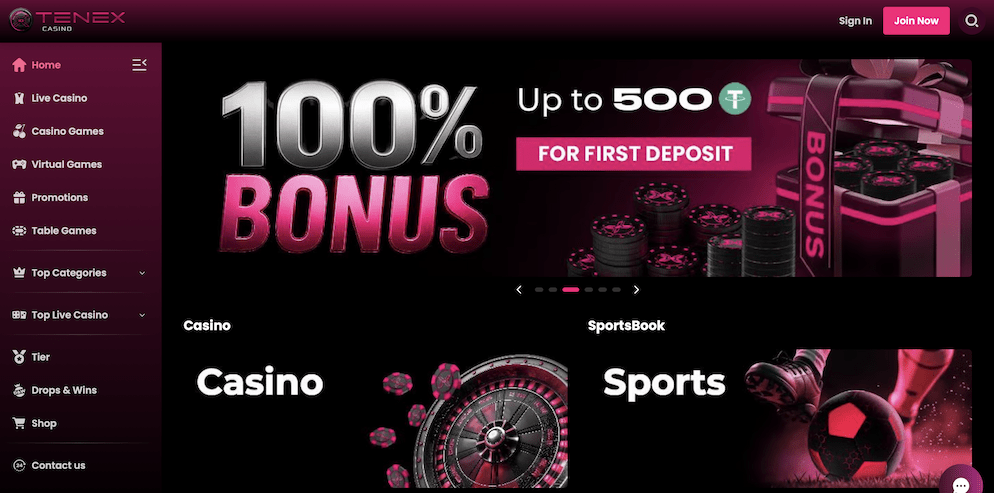 Tenex casino home page with welcome bonus and sports and casino section.
