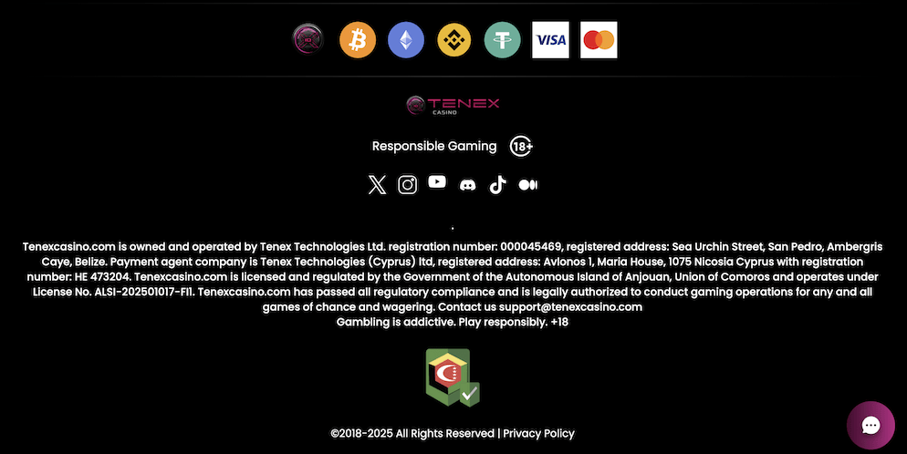 Tenex Casino footer displaying accepted cryptocurrencies (BTC, ETH, USDT) and fiat payment methods (Visa, Mastercard), along with Anjouan Gaming License details and responsible gaming info.
