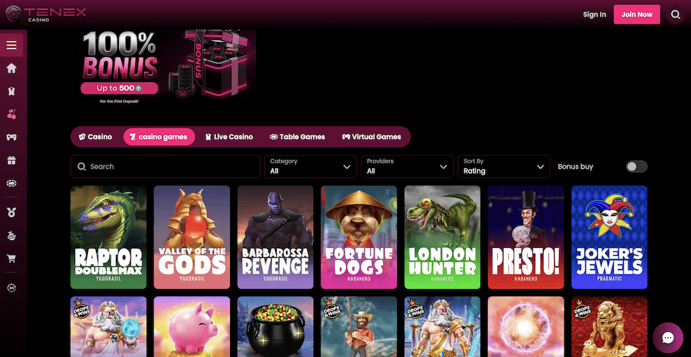 Tenex Casino games lobby showing various slot titles like Raptor Doublemax, Valley of the Gods, and Joker's Jewels from top providers, showcasing the wide game selection.