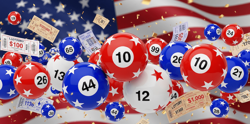 Illustration depicting lotteries in the United States, featuring red, white, and blue bingo balls with stars and numbers, alongside falling lottery tickets and confetti, set against an American flag background.