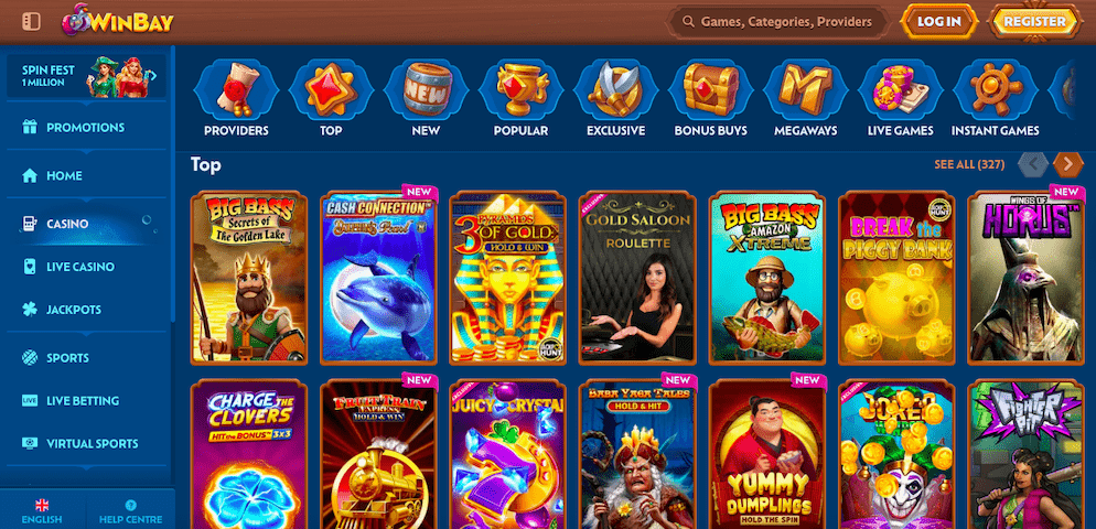 The extensive slots lobby at Winbay Casino, featuring popular titles like Big Bass Bonanza and categories for new, popular, and jackpot games.