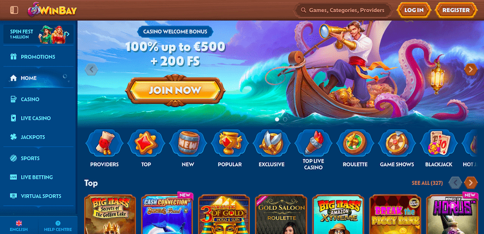 The homepage of Winbay Casino, showing the main game lobby and the welcome bonus offer of 100% up to €500 plus 200 free spins.
