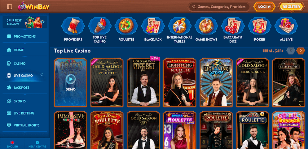 The live casino section at Winbay Casino, showcasing popular live dealer games like Lightning Roulette, Crazy Time, and Immersive Blackjack.