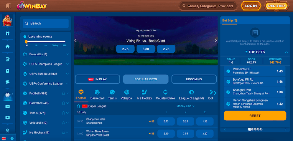 The Winbay Sportsbook interface, displaying live and upcoming football matches with betting odds and an active bet slip.