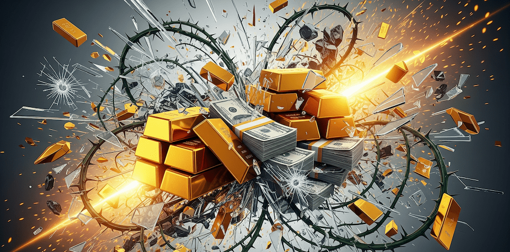 An abstract image of exploding gold bars, cash, and shattered glass, symbolizing the high-risk, high-reward chaos of xQc's gambling streams and his massive net worth.