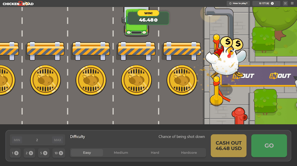  A Chicken Road 2.0 gameplay screenshot from the Hardcore difficulty setting. The chick is further along the course, displaying an exceptionally high multiplier. This illustrates the potential for significant rewards in the riskier difficulty levels, albeit with a greater chance of collision.