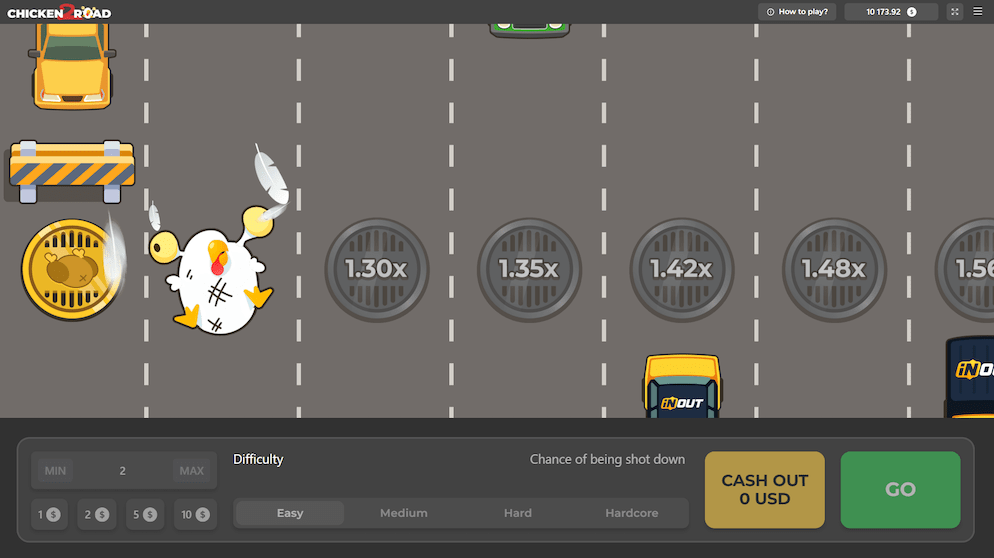 A Chicken Road 2.0 gameplay screenshot depicting a failed crossing attempt. The chick is shown amidst feathers, indicating it has been hit by traffic. The "CASH OUT" amount displays "0 USD," illustrating the consequence of misjudging the timing and losing the round's bet.