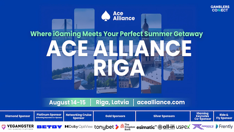 Close-up of the Ace Alliance Riga banner displaying the event dates (August 14-15) and the logos of all sponsoring companies across different tiers: Vegangster (Diamond), BETBY (Platinum & Keynotes Co-Sponsor), Dolby OptiView (Networking Cruise), Tonybet & The Kingdom Bank (Gold), Esimatic.App, All-in Global, USPEX (Silver), Riddick's Partners (Keynotes Co-Sponsor), and Frently Solutions (Ride & Fly).