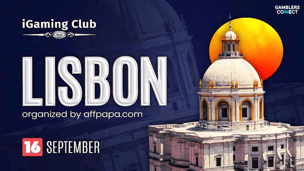 Graphic advertising the iGaming Club networking event in Lisbon on September 16, organized by affpapa.com.