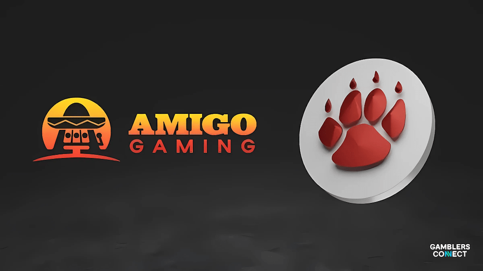 The Amigo Gaming logo (featuring a sombrero) paired with a distinct paw print logo, symbolizing their collaboration to deliver online slot content to new markets.
