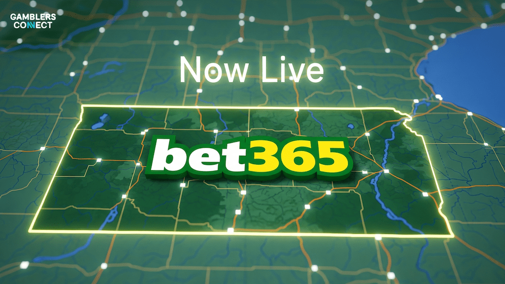 The bet365 online sportsbook is now available to customers in Kansas, as shown by the brand's logo over a map of the state.