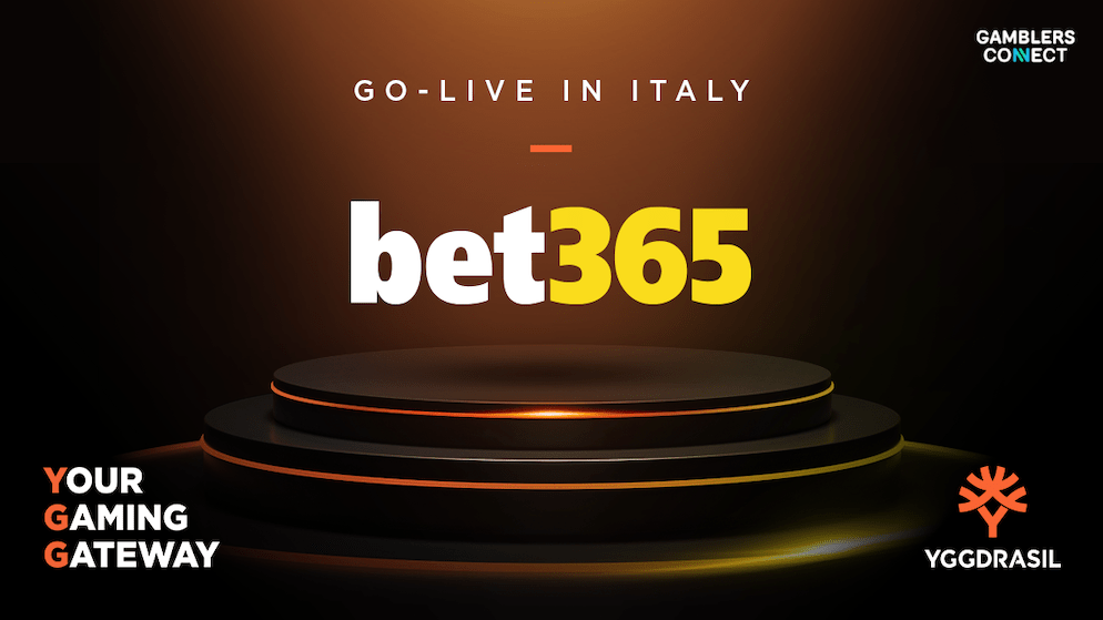 The bet365 logo prominently displayed above a digital stage, with Yggdrasil's logo and "YOUR GAMING GATEWAY" slogan below, signifying their joint launch in Italy.
