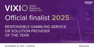 The Vixio Global Regulatory Awards 2025 official finalist graphic, prominently featuring "BetBlocker" for the "Responsible Gambling Service or Solution Provider of the Year" category, taking place in London on November 19, 2025.