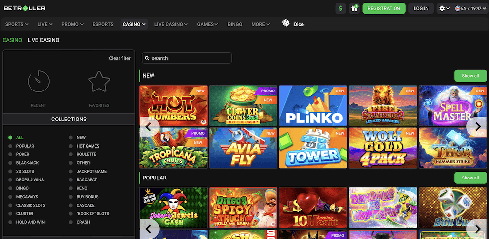 A view of the extensive casino game library at Betroller, showing thumbnails for popular and new slot games like "Hot Numbers," "Plinko," and "Joker's Jewels."