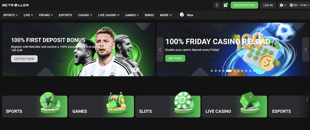 The homepage of Betroller, showcasing its modern dark theme with neon-green accents, a 100% first deposit bonus banner, and main navigation categories.